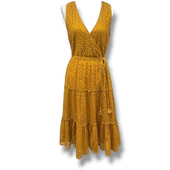 Frye x Anthropology women's mustard yellow eyelet sleeveless midi dress small - Picture 1 of 9